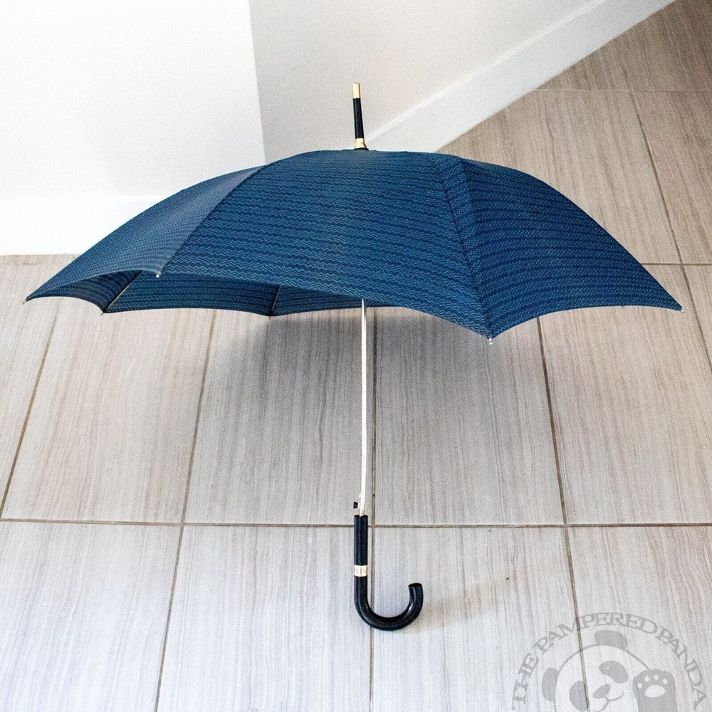 Vintage 80s Givenchy Spell Out Umbrella Loop Handle Blue ZigZag Paris New York